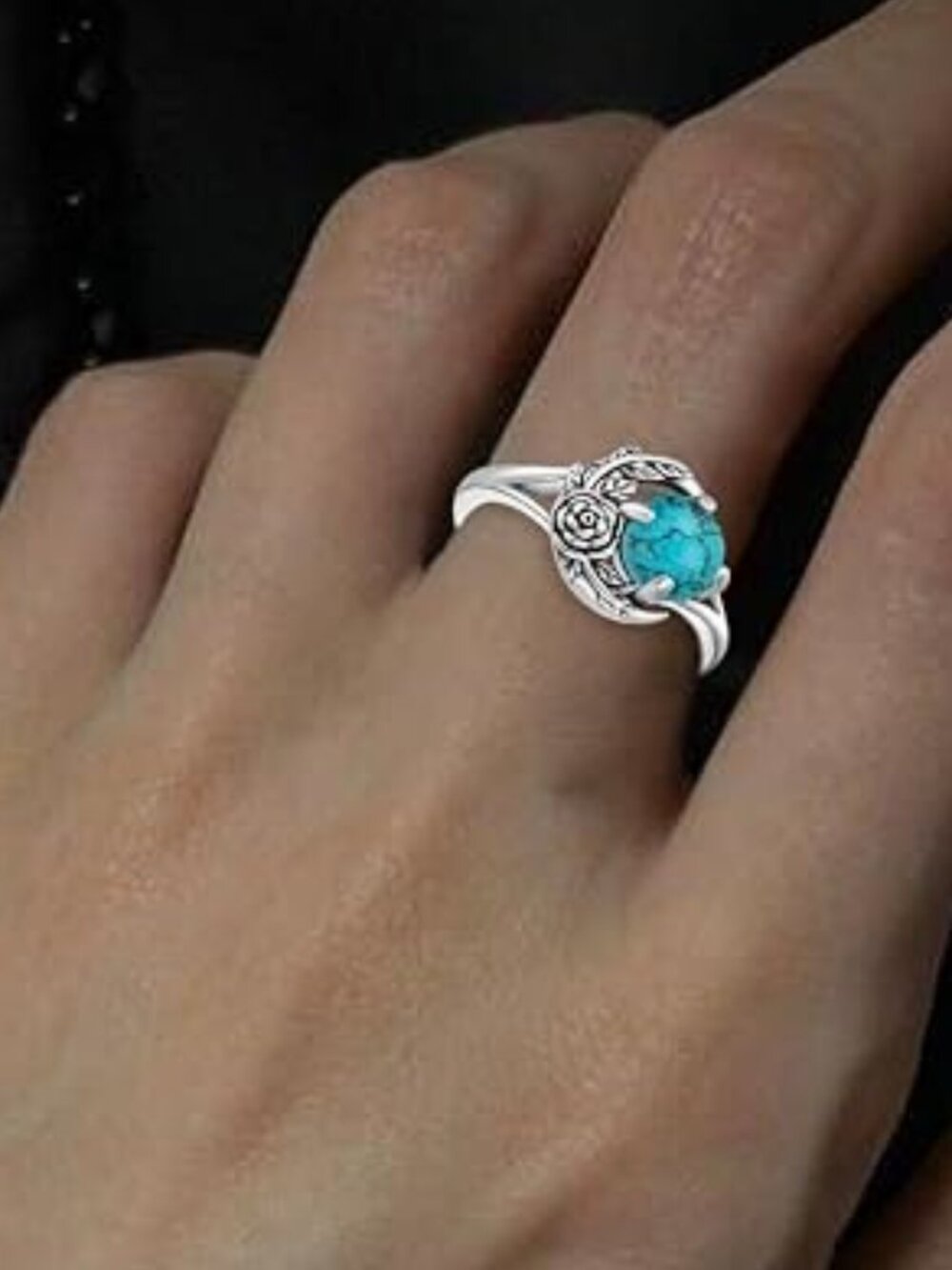 Genuine Turquoise Rose Leaf Pinky Ring  925 Sterling Silver size 7